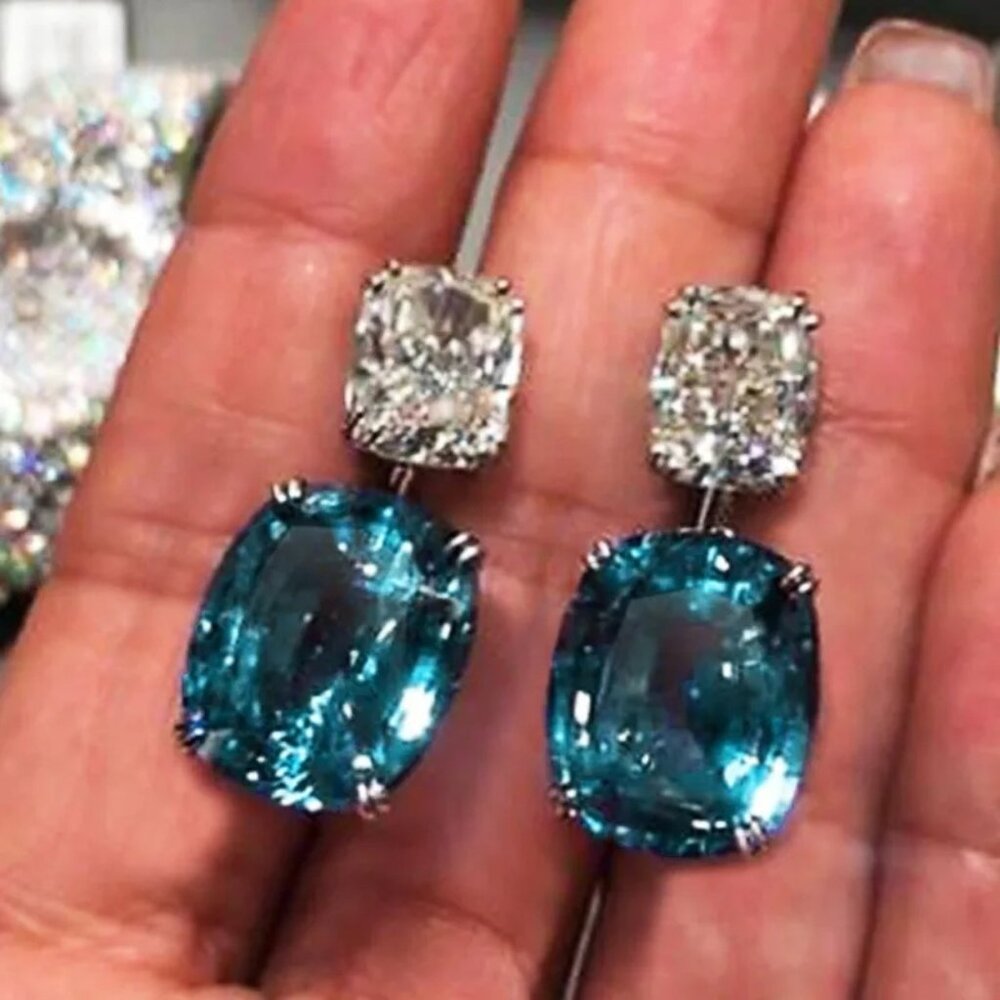 2/$24 Elegant Blue & Clear Crystal Dangle Earrings With Silver-Tone Setting